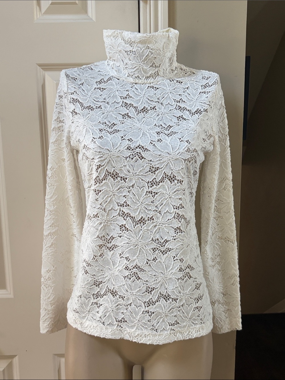 White House Black Market Ivory Floral Lace Turtleneck, small